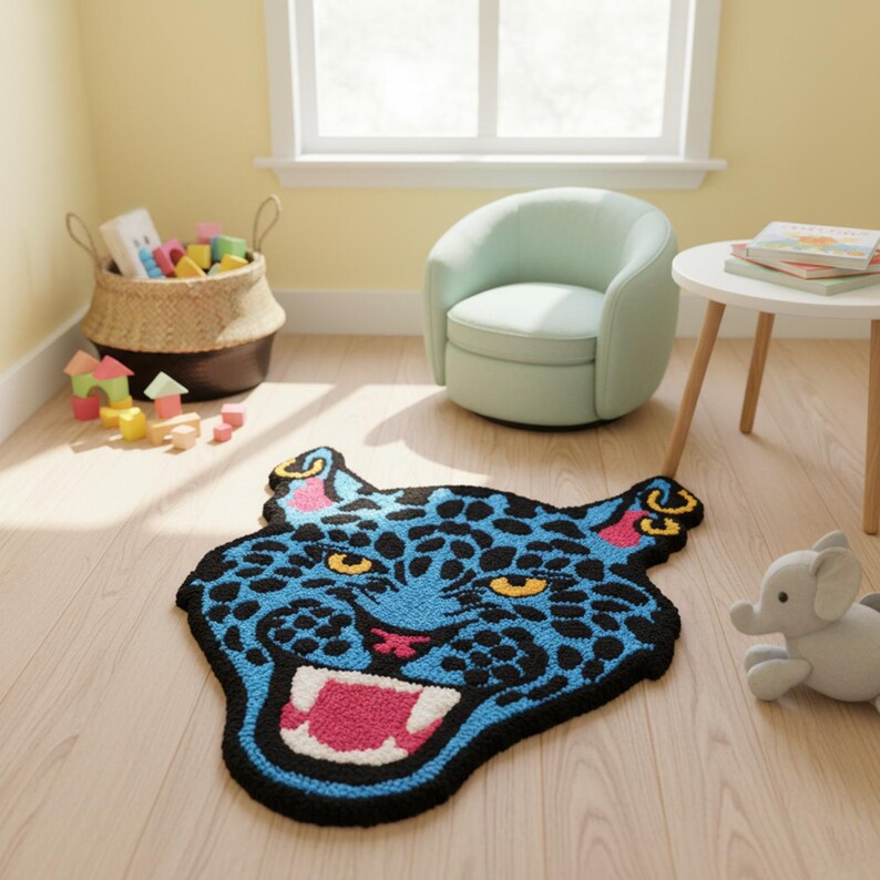 May include: A blue and black rug shaped like a jaguar's head with an open mouth. The rug has black spots, yellow eyes, pink accents, and a black border. The rug is on a light wood floor in a child's room.