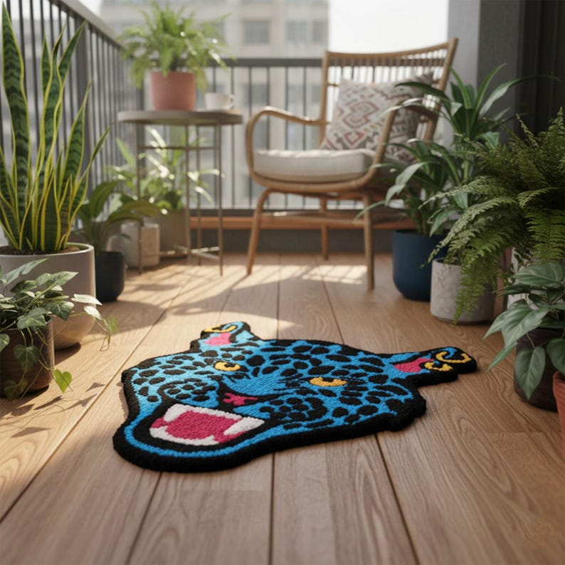 May include: A blue and black rug in the shape of a jaguar's head, with yellow eyes and a pink mouth. The rug is placed on a wooden floor, surrounded by potted plants and a wicker chair, creating a vibrant outdoor space.