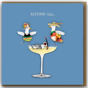 Funny Birthday Gull card, Funny Birthday Card for champagne loving friend, Seaside birthday card for her