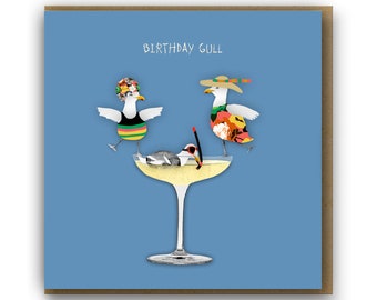 Funny Birthday Gull card, Funny Birthday Card for champagne loving friend, Seaside birthday card for her