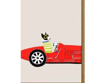 Bull Terrier in Vintage Sports Car Blank Card, Funny card for petrolhead, Card for a dog lover, Birthday card for car enthusiast