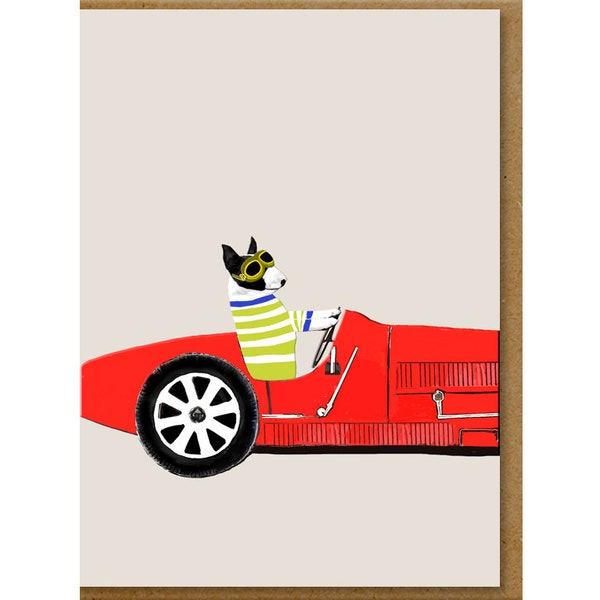 Bull Terrier in Vintage Sports Car Blank Card, Funny card for petrolhead, Card for a dog lover, Birthday card for car enthusiast