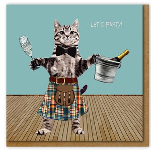 Let's party Birthday card, Funny card for a cat lover, Scottish birthday card, Party Animal