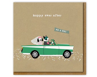 Mr and Mrs Wedding Card, Happy ever after Wedding card with retro car