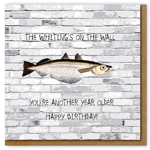 Whiting's on the wall Birthday card, Funny card for a fisherman, fun card for him