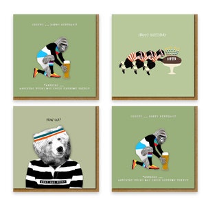 Fun Cards for Rugby Fans, Set of 4 Rugby Themed Birthday Cards, Rugby Design Humour Cards