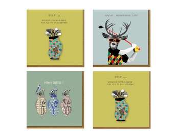 Fun Cards for Golf Fans, Set of 4 Golf Themed Birthday Cards, Golf Design Humour Cards
