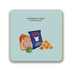 Funny coaster for a northerner, foodie coaster, sausage rolls, pork pie, stocking filler, postable gift, funny gift idea