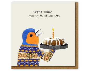 Funny card for vegan, vegetarian, Three chias for seed cake Birthday card