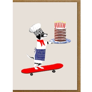 Dog on Skateboard with Birthday Cake, Blank Card for dog lover, Funny Dog Card