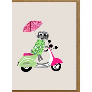 Poodle on Scooter Birthday Card, Card for a dog lover