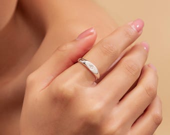 Sterling Silver Northstar Ring, Adjustable CZ Starburst Dainty Stacking Jewelry