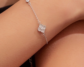 Sterling Silber Klee Armband, Mutter der Perle Armband, verstellbares Armband, Geschenk für Brautjungfer, Glück vier Blatt Klee Armband