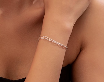 Sterling Silver Double Layer Paper Chain Bracelet, Minimalist Dainty Jewelry