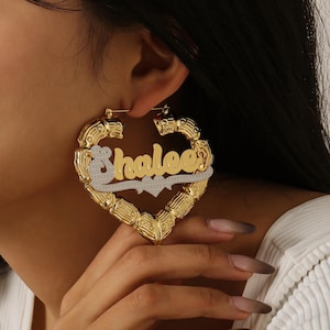 Name Earrings, Name Plate Earring, Bamboo Hoop Earrings, Gold Bamboo Earrings, Heart Earrings, Hypoallergenic Earrings, Non Tarnish Earrings