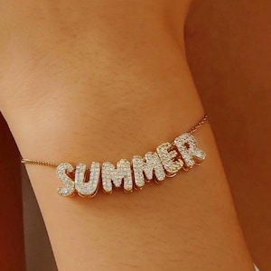 Custom Bubble Letter Name Bracelet: Gold Plated Cubic Zirconia Charm