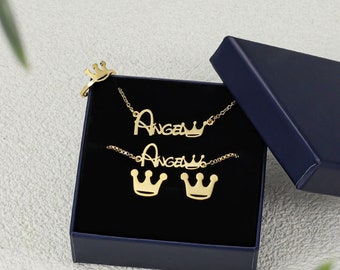 Personalized Kids Jewelry Set: Stainless Steel Name Necklace, Crown Ring & Earrings