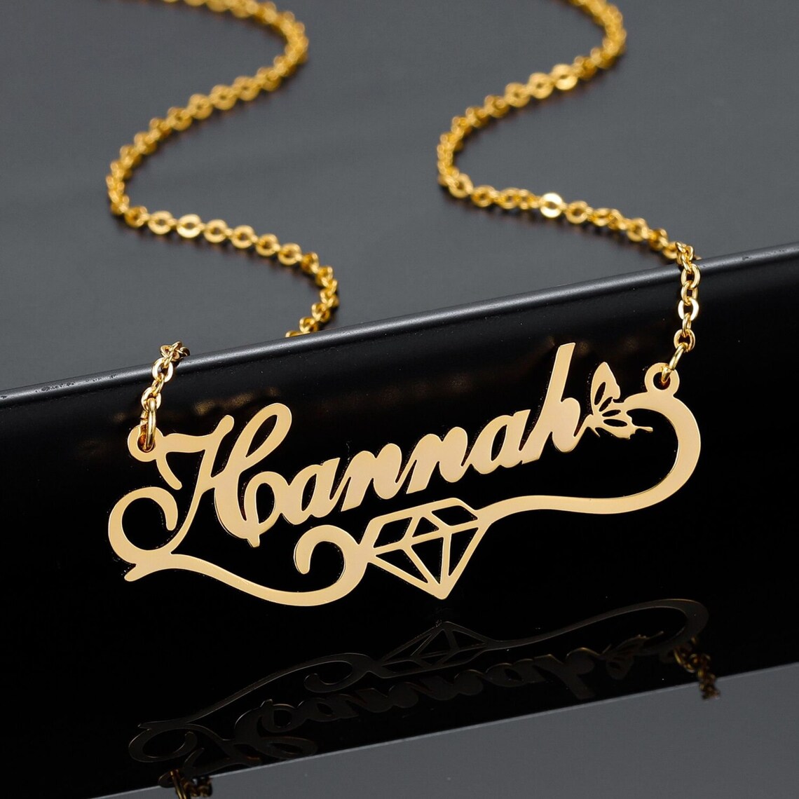 Nameplate 14K Real Gold Name Necklace With Butterfly Etsy