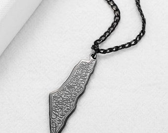 Palestine Map Necklace: Heritage Jewelry, Arabic Calligraphy Design, La Hawla Wala Quwwata Illa Billah