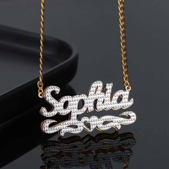 Double Name Necklace Couple Any Name Plate 2 Names Heart Laser Cut Diamond  Look | eBay