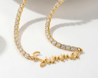Gepersonaliseerde naamketting: tennisketting met AAA kubische zirkonia, waterdicht en verkleurt niet.