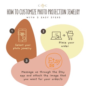 Puede incluir: Una gu&iacute;a de tres pasos sobre c&oacute;mo personalizar joyas de proyecci&oacute;n de fotos. Los pasos son: 1. Selecciona tus joyas de fotos, 2. Haz tu pedido, y 3. Env&iacute;anos un mensaje a trav&eacute;s de la aplicaci&oacute;n Etsy y adjunta la imagen que deseas para tu pedido.