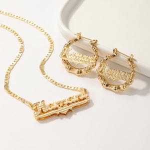 Jewelry Set, Custom Name Necklace, Name Earrings, Double Plated Nameplate, Bamboo Hoop Earrings, Non Tarnish Jewelry, Waterproof Jewelry