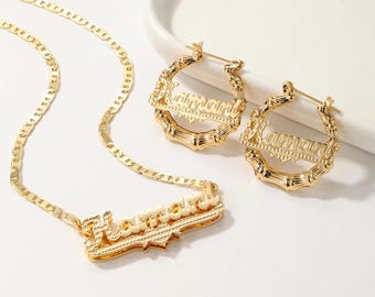 Custom Name Necklace & Bamboo Hoop Earrings Set: Personalized Waterproof Jewelry