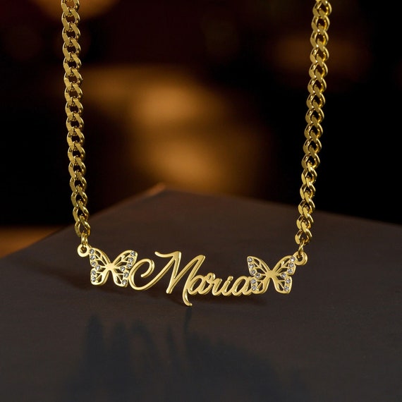 Real 14k Gold Filled Nameplate Necklace Crystal Necklace Women