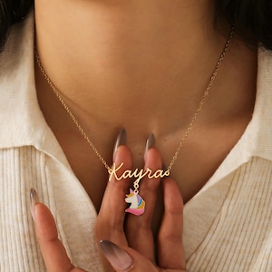 Collar con nombre personalizado, collar con placa de identificación, colgante con nombre, dije de unicornio, joyas encantadoras, regalos personalizados para niñas, lindos regalos para ella