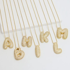 Collar con inicial de burbuja, collar con letras, collar con letras de globo de circonita cúbica, collar con letras doradas, joyería de acero inoxidable, collar apilable