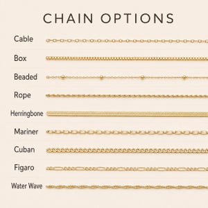 Pu&ograve; includere: Un grafico intitolato CHAIN OPTIONS che mostra nove catenine in metallo color oro etichettate come Cable, Box, Beaded, Rope, Herringbone, Mariner, Cuban, Figaro e Water Wave. Ogni stile di catena &egrave; mostrato in una linea orizzontale su sfondo chiaro.