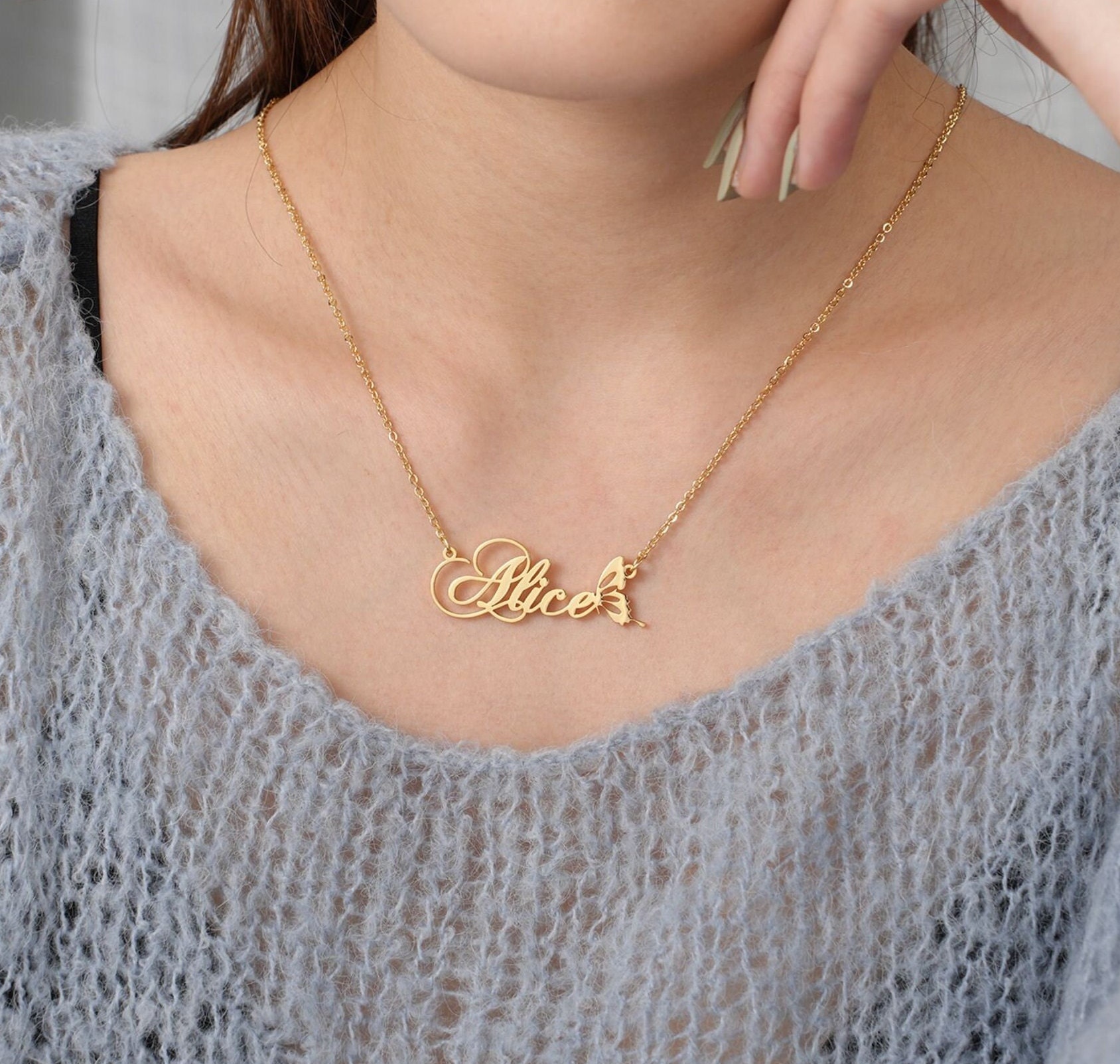 Nameplate 14K Real Gold Name Necklace With Butterfly Etsy