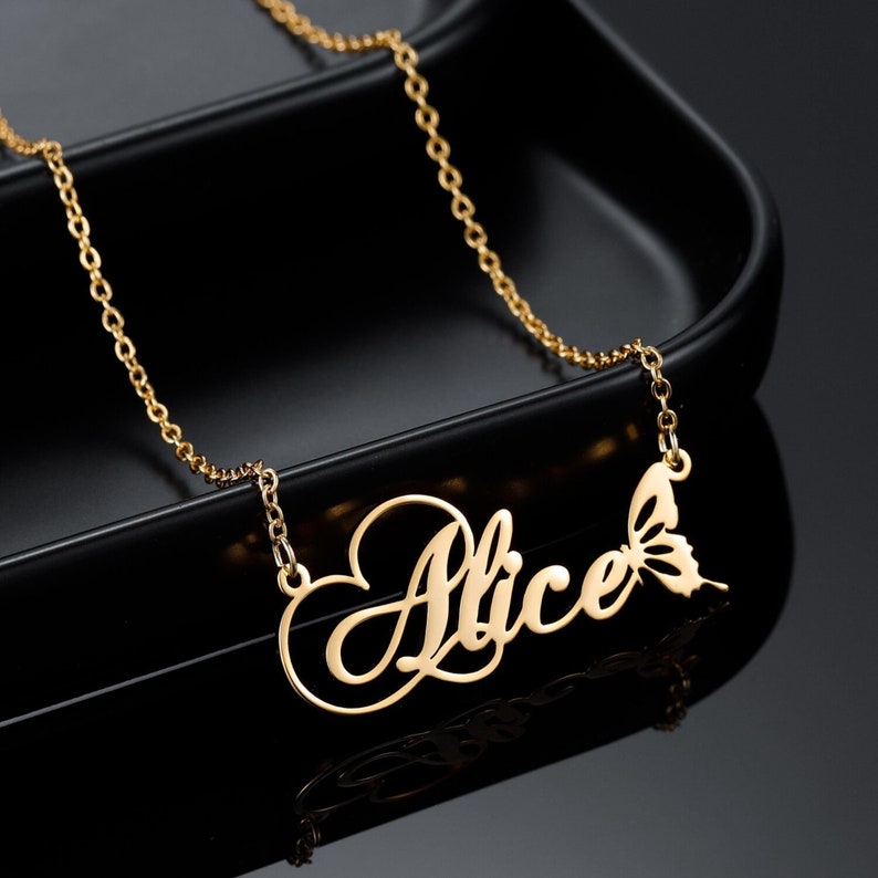 Nameplate 14K Real Gold Name Necklace With Butterfly - Etsy