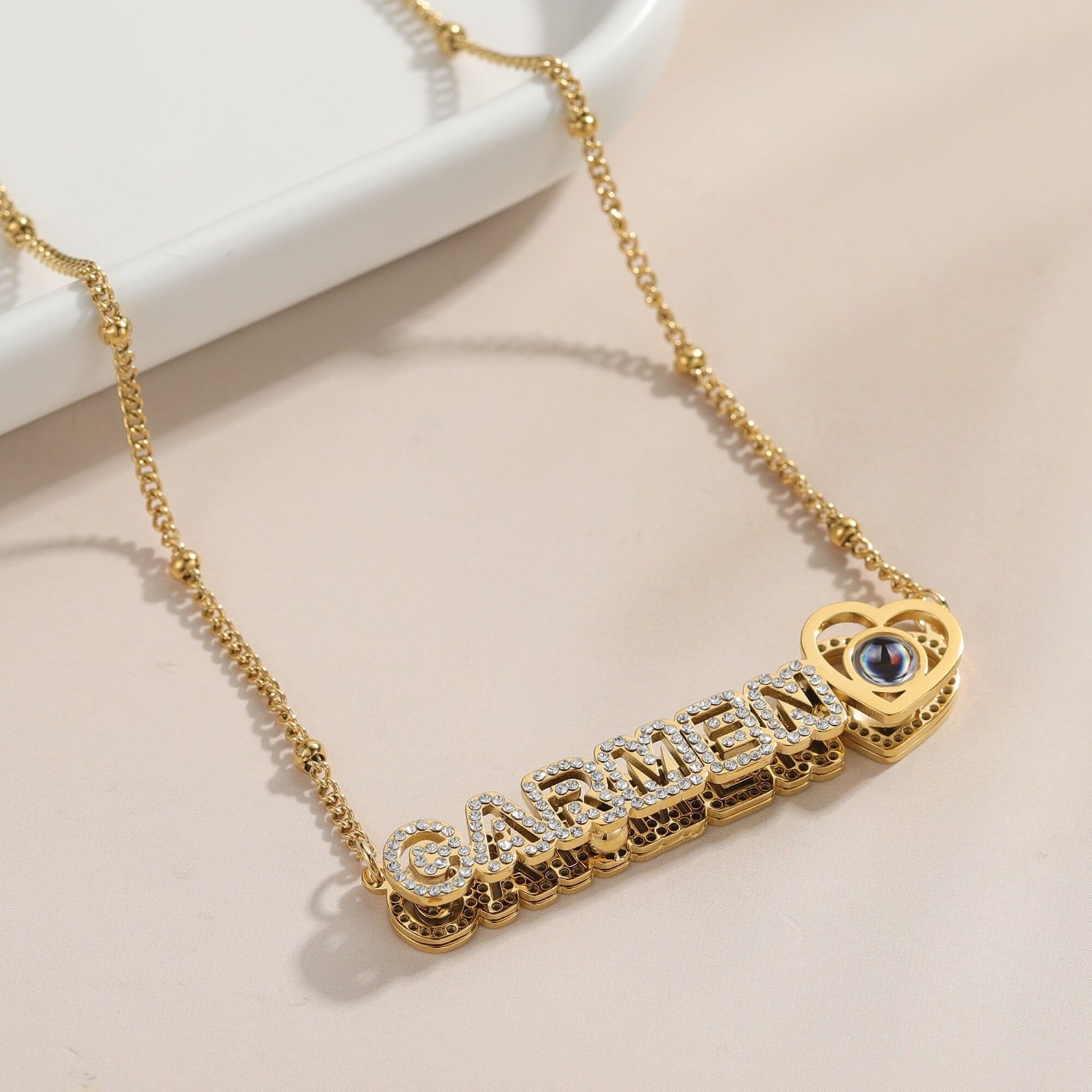 Photo Projection Necklace, Nameplate Necklace, Picture Necklace, 14K Gold Name Necklace, Memorial Gifts, Valentines Day, Anniversary Gifts