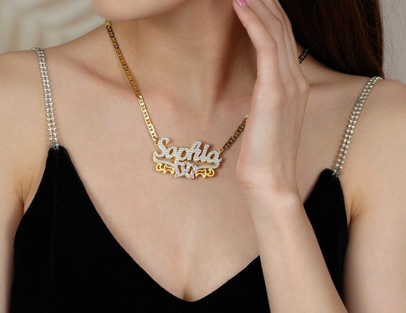 Birthstone Name Plate Necklace Double Plated Nameplate Two Tone