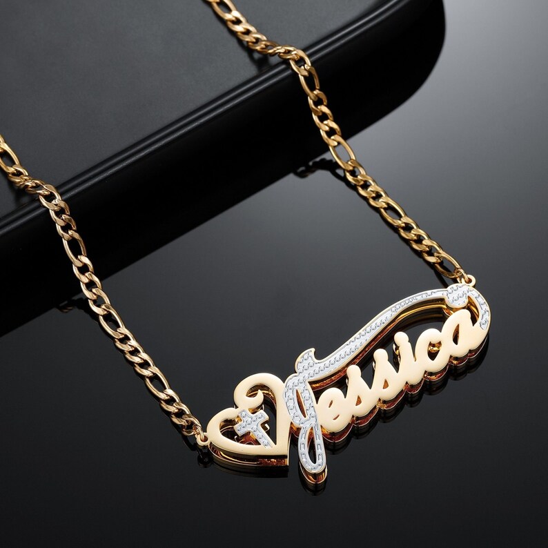 Double Plated Name Plate Necklace 14K Cross Necklace Gold Etsy
