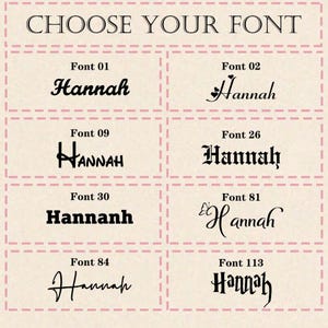May include: A graphic showing 10 different font styles for the name "Hannah". Each font style is labeled with a font number.