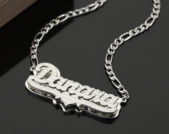 Nameplate Necklace, Silver Name Plate Necklace, Stainless Steel, Double Plated Name, 3D Big Name, Unique Gifts for Girlfriend, Daughter