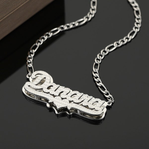 Nameplate Necklace, Silver Name Plate Necklace, Stainless Steel, Double Plated Name, 3D Big Name, Unique Gifts for Girlfriend, Daughter