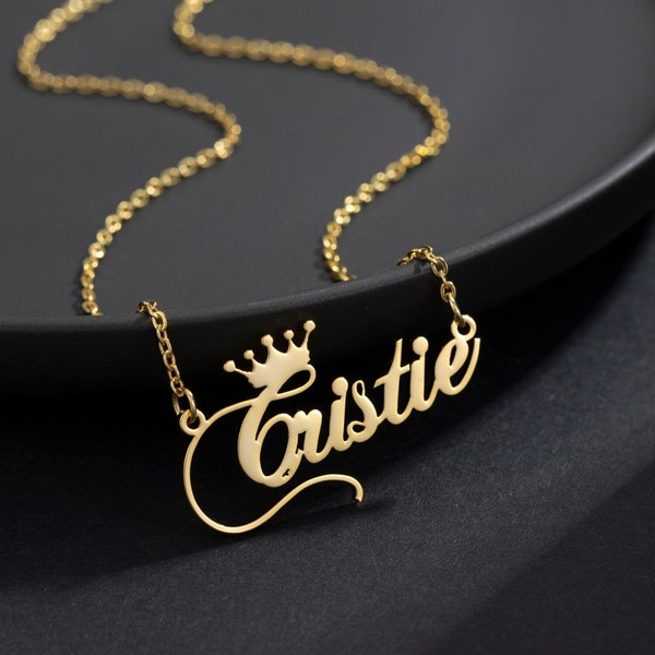 Nameplate 14K Real Gold, Name Necklace with Crown, Waterproof Name plate, Birthday Gifts for Girlfriend, Gifts for Her