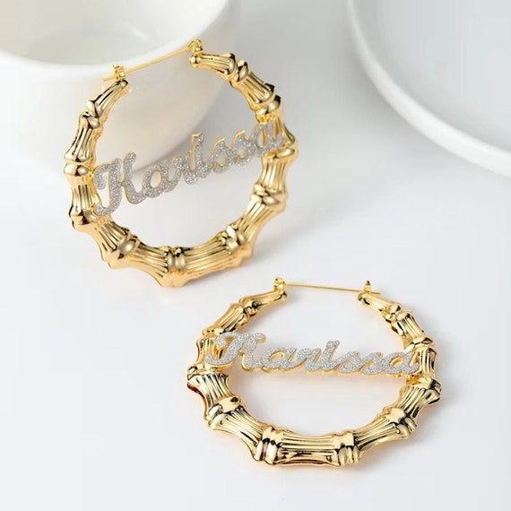 Bamboo Earrings Name Earrings Big Gold Hoops Frosted Name Waterproof Jewelry Gift for Teenager Xmas Gift Ideas for Her Gf Gift Etsy UK