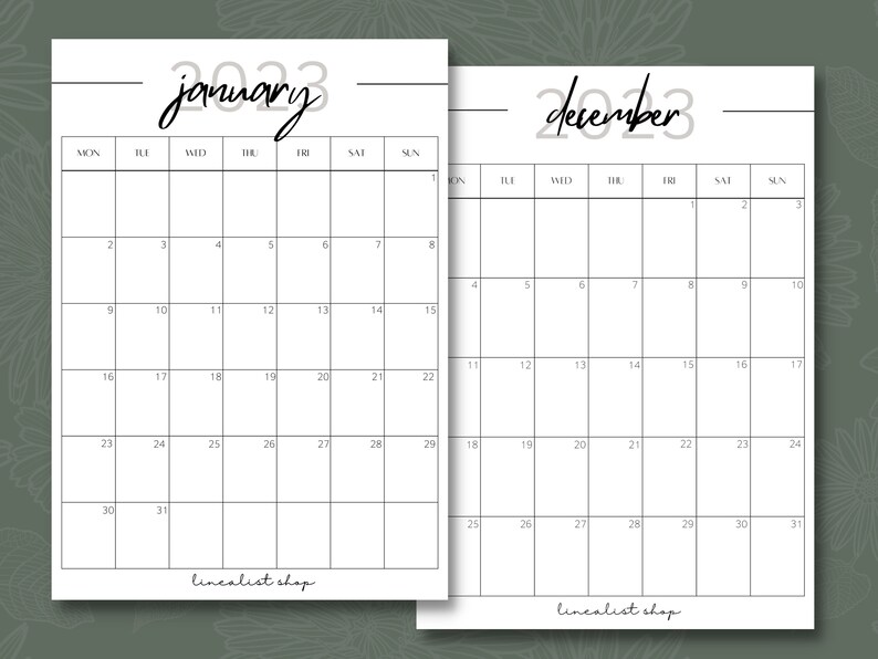 Printable 2023 Calendar Year Month Week Day PDF A4 A5 - Etsy Israel