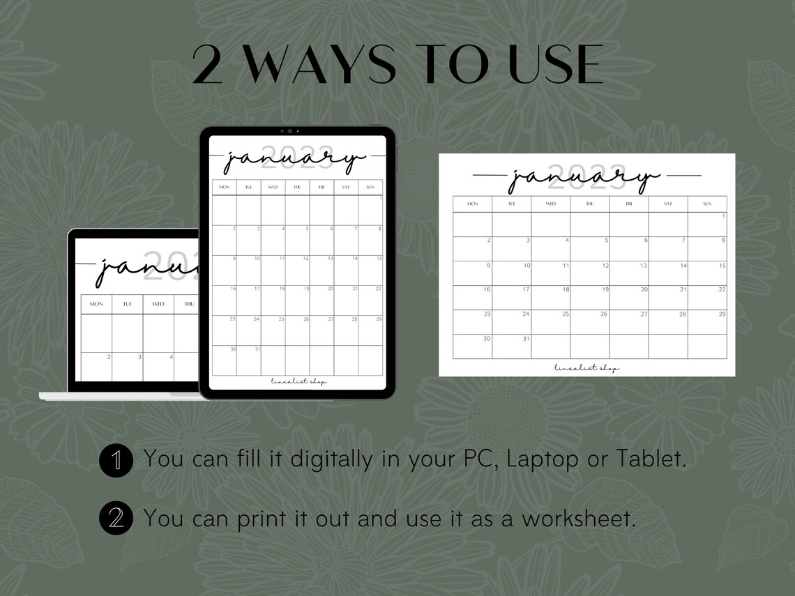 Printable 2023 Calendar Year Month Week Day PDF A4 A5 - Etsy Canada