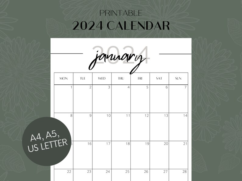 Printable 2024 Calendar Year Month Week Day PDF A4 A5 - Etsy New Zealand