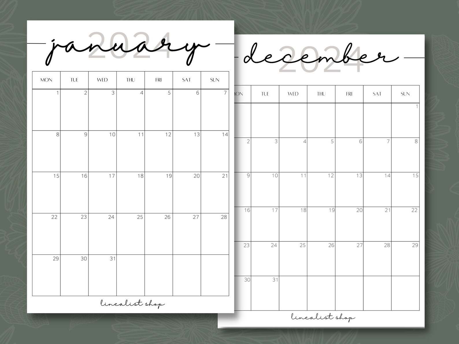 Printable 2024 Calendar Year Month Week Day PDF A4 A5 - Etsy Canada