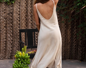 Simple and Elegant Wedding Open Back Raw Silk Fabric Boho Style Sleeveless Comfy White Natural Colour Sustainable clothing Long Woman Dress