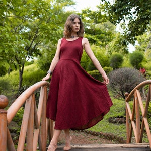 Comfy Boho Red Burgundy Maxi Long Dress with Pockets • Handmade Sustainable Raw Khadi Cotton • Flowy Natural Elegant Cottagecore Women Dress