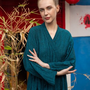 Удобная обертка Синий цвет Сырой хлопок Khadi Eco Look Длинная натуральная ткань Женское платье image 5