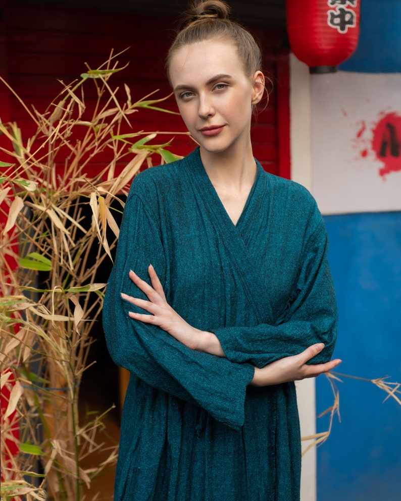 Удобная обертка Синий цвет Сырой хлопок Khadi Eco Look Длинная натуральная ткань Женское платье image 5